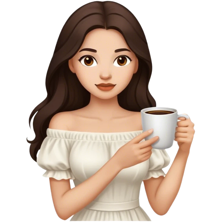 Beautiful woman in 1950’s woman fashion look, off-shoulder white dress, long dark brown hair, coffee emoji