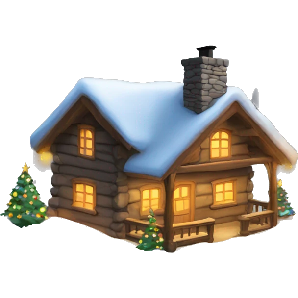 Snowy cabin with stone chimney and colored Christmas lights  emoji