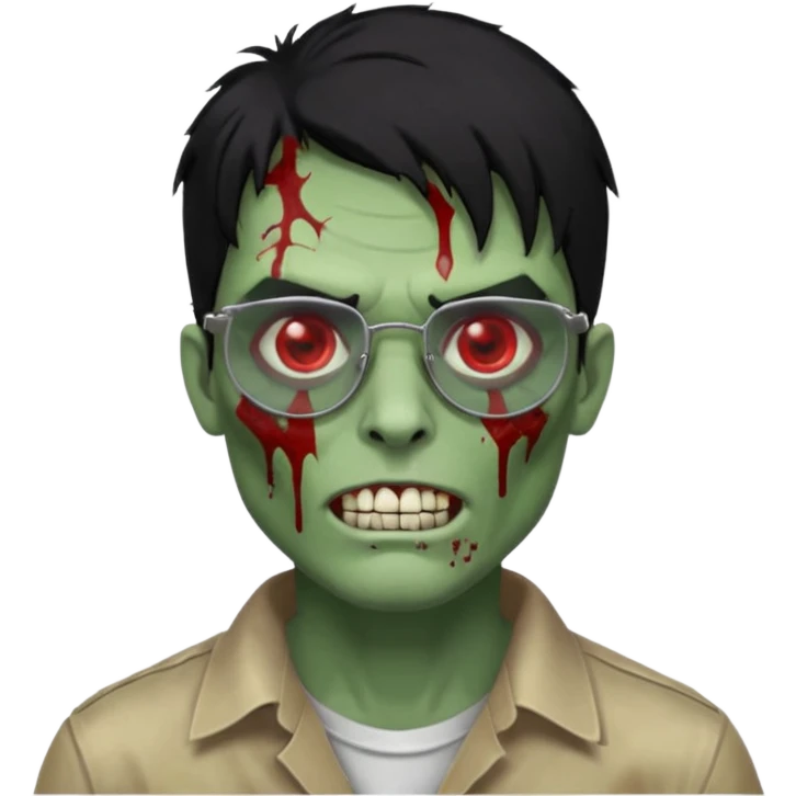 homem zumbi de óculos cabelo preto com muita olheira deixar pele dele verde dentes brancos e olhos vermelhos e ensanguentados deixar óculos quadrado e preto e olhos cheio de veias vermelhas e encher o rosto de piercings colocar piercing em todo rosto piercing prata emoji