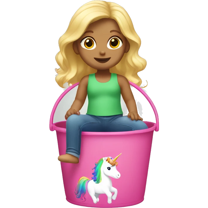 Caucasian female two year-old with blonde hair,  riding a pink unicorn with rainbow colored hair inside of a green bucket emoji