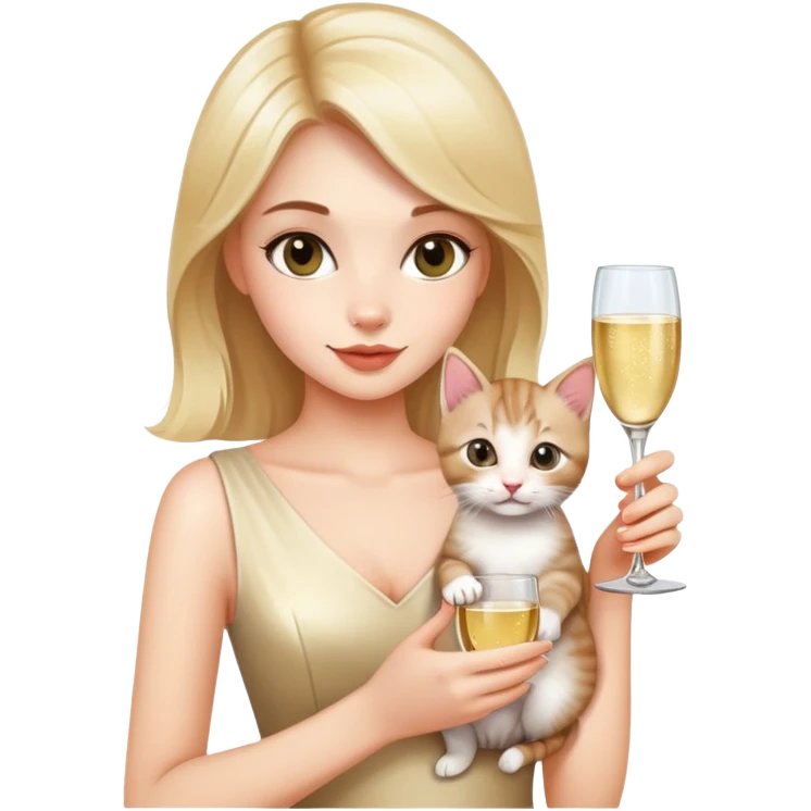 Beautiful girl holding a kitten in one hand and a glass of champagne in the other emoji