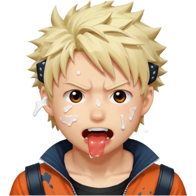 Katsuki Bakugo’s face showing physical delight and a blushed face with white glue splattered around his mouth With lots of drool emoji