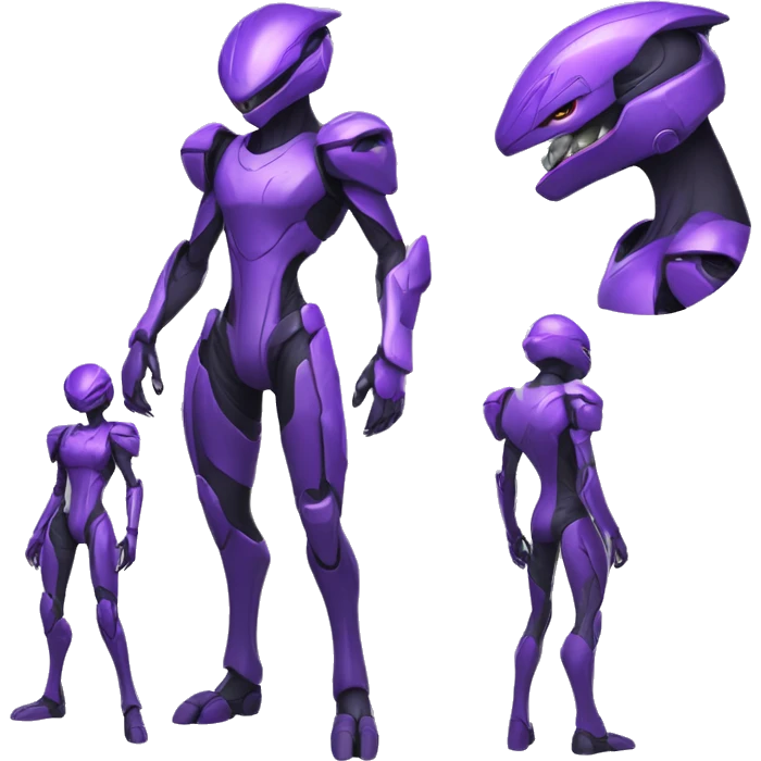 A purple Reptile-Raptor-Genesect-Mewtwo-Fakémon, with a futuristic visor-helmet, wearing a techwear-suit, Full Body emoji