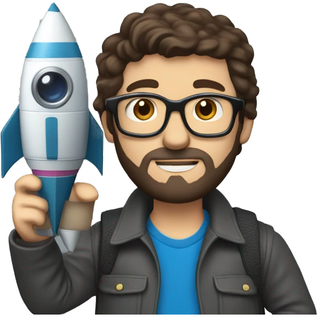 Man with glasses and dark brown hair and beard blue eyes, holding a camera, and a toy rocket emoji