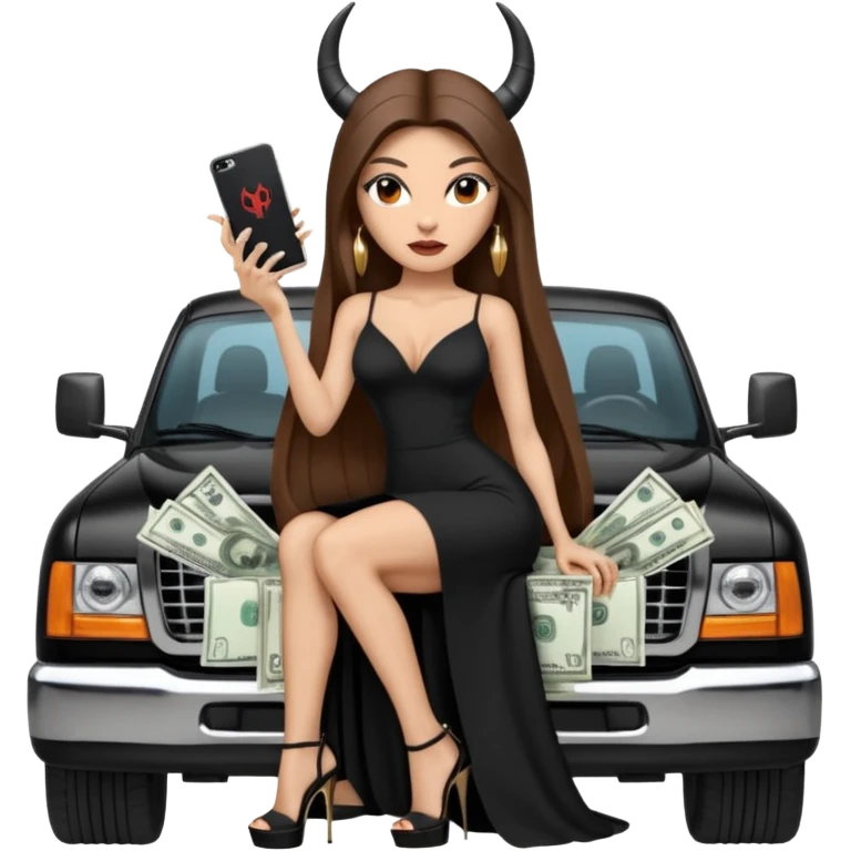 Sensual queen long brown straight haired sexy drug lord woman with black platform high heels with  on her feet,  and devil black horns on her head, holding a stack of cash, has a phone in other hand. Sitting on a large big new model F350 pickup truck  full of drugs, long black dress with sexy slit emoji