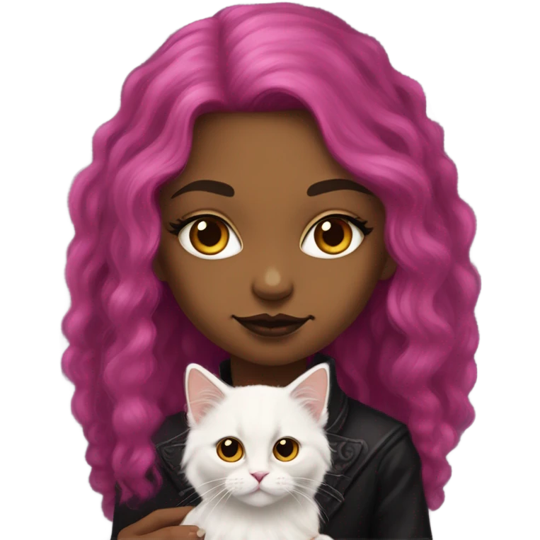 Pretty portrait of girl with Long magenta Hair and gothic make up and clothes with her fluffy golden british longhair kitten emoji