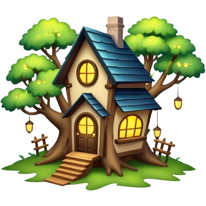 Magical house in the treetops with lightening bugs emoji