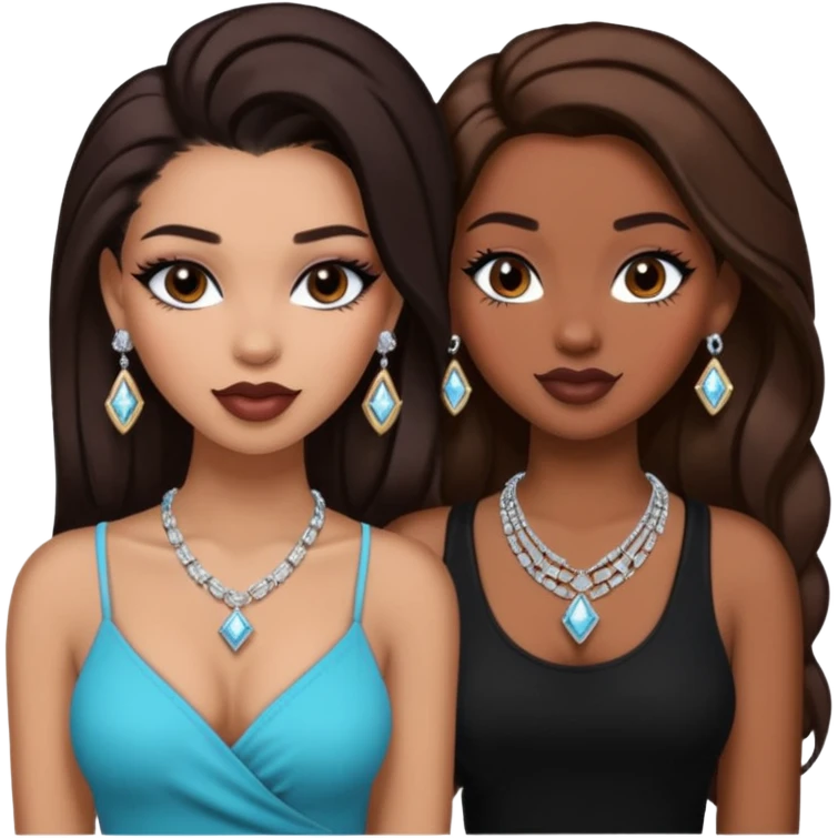 Boujy baddie best friends, trendy heavy makeup both dark hair one light skinned and one mocha brown pretty hair both wearing black and earrings and diamond necklace one mocha brown skin better ones please  emoji
