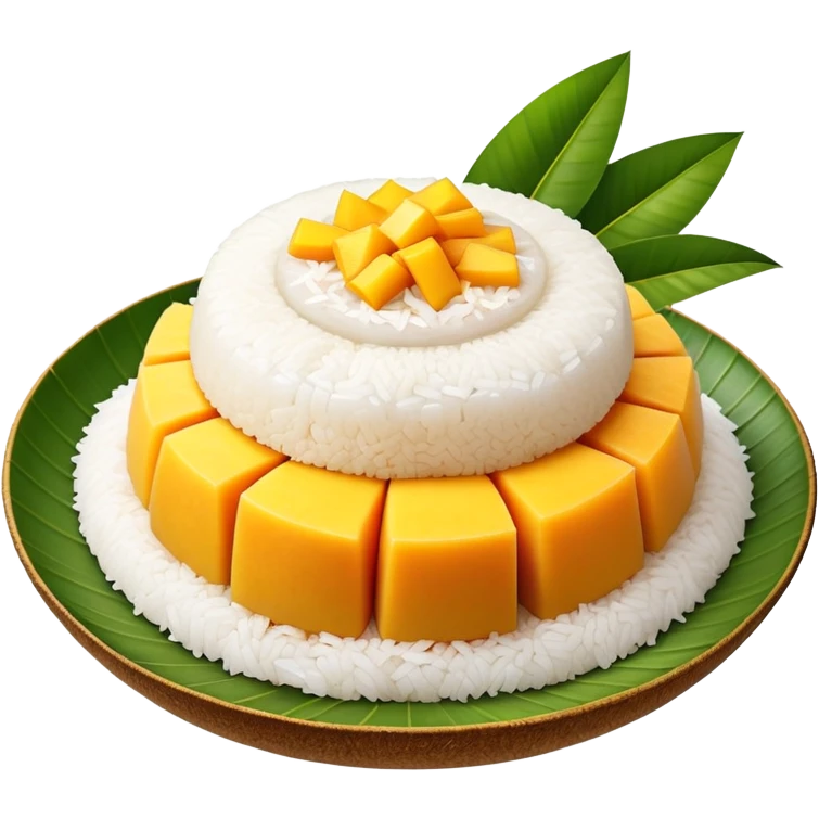 cinematic-realistic-mango-sticky-rice-dessert-emoji,-showcasing-sweet-sticky-rice out of a mould-paired-with-ripe-mango-slices-and-coconut-milk-rendered-with-lifelike-detail-and-warm,-inviting-lighting with the coconut  milk over the rice emoji