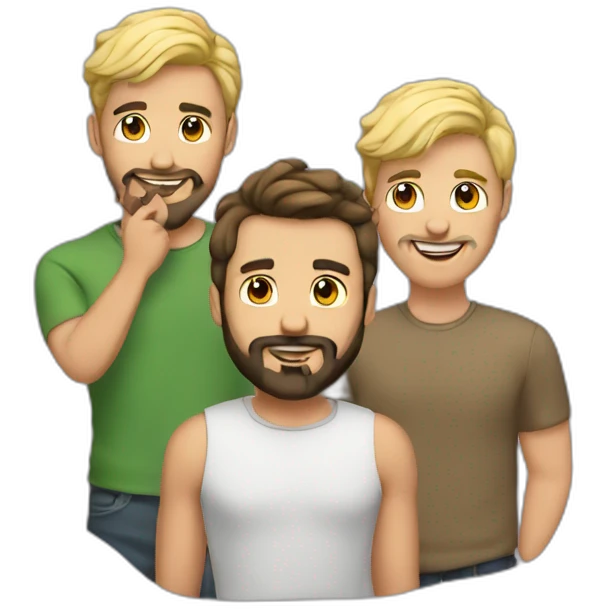 Gay male couple one of them Latino with beard male and the other guy an Australian blonde hair , with a cat in the middle emoji