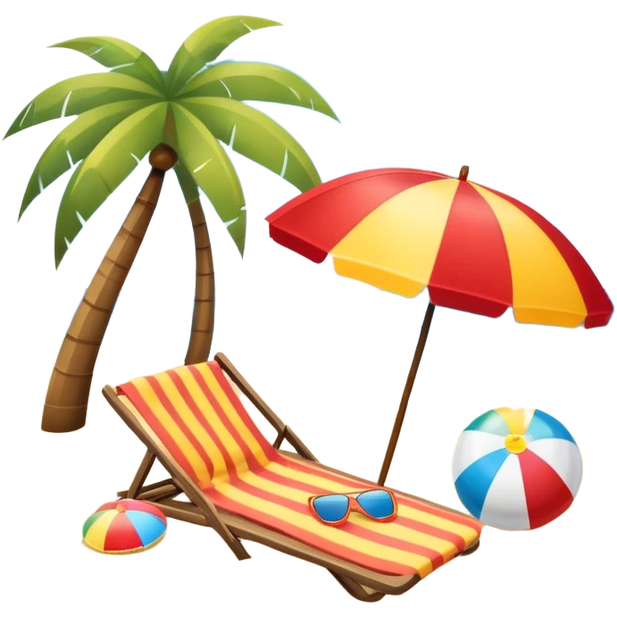 Icon for Beach Tourism: a sandy beach with a beach umbrella, with the ocean landscape in the background, flip-flops, a towel and a beach ball. The icon should capture the relaxation and fun of beach vacations. Transparent background. emoji