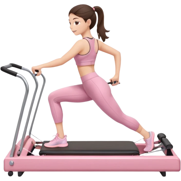 Brunette girl exercising on a pink Pilates reformer machine, wearing cute athletic workout clothes, soft pastel colors, emoji style, bright and detailed emoji