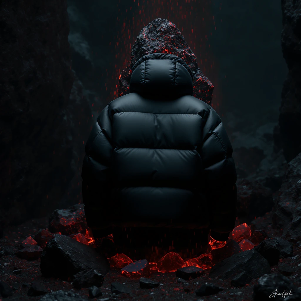 cinematic still of a black puffer jacket around black stone with red coal temeperature environment, back red light emoji