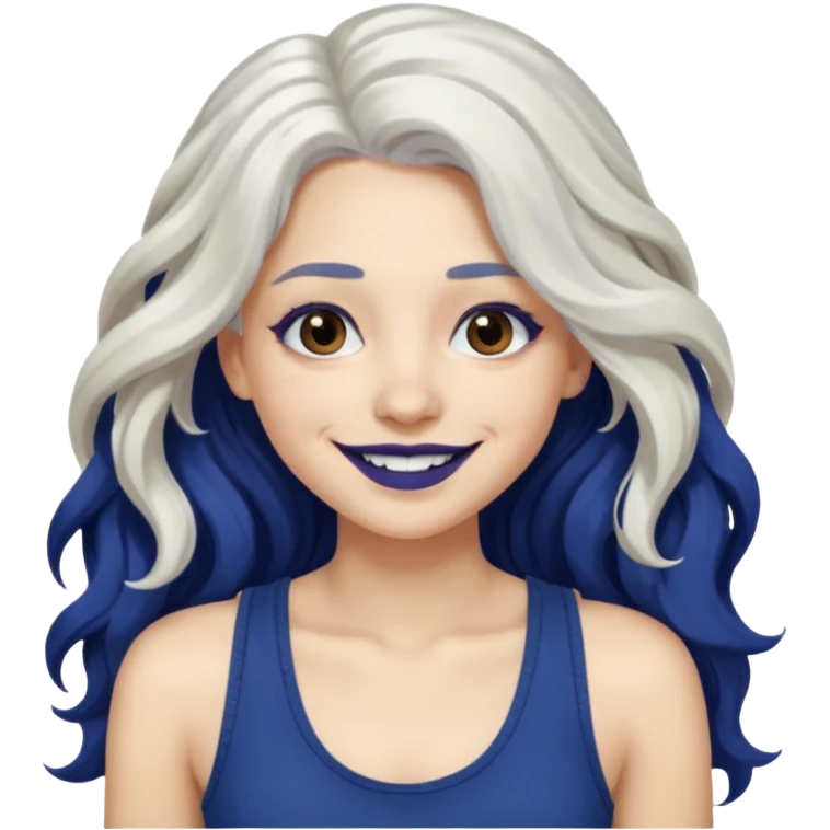 woman with wavy long white hair and brown eyes. She has dark blue lipstick. smiling in a grunge tanktop emoji