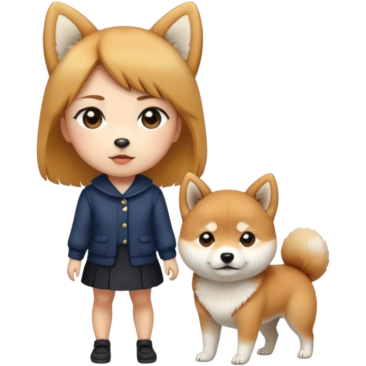 The Shiba Inu is behind and refuses to leave. The pretty girl is standing in front. emoji