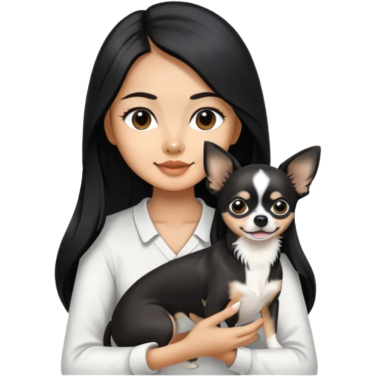 Thai woman with flowing black hair playing with a black and white Chihuahua dog emoji
