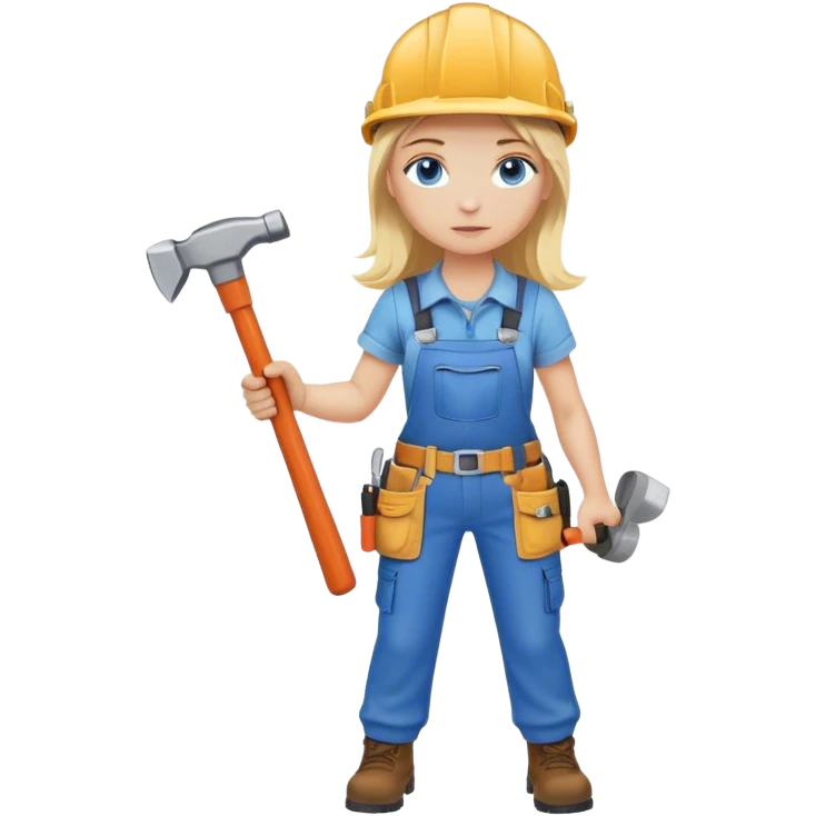 A blond girl blue eyes, habdyman Outfit, wearing a Helmet and a Hammer, Whole body  emoji