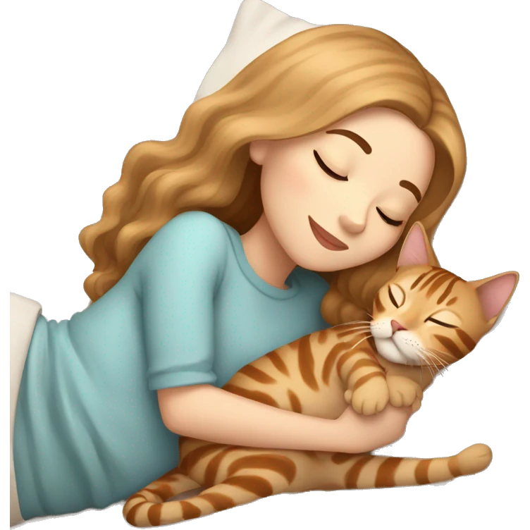 extremely light skin girl with light brown hair sleeping with cute bengal cat emoji