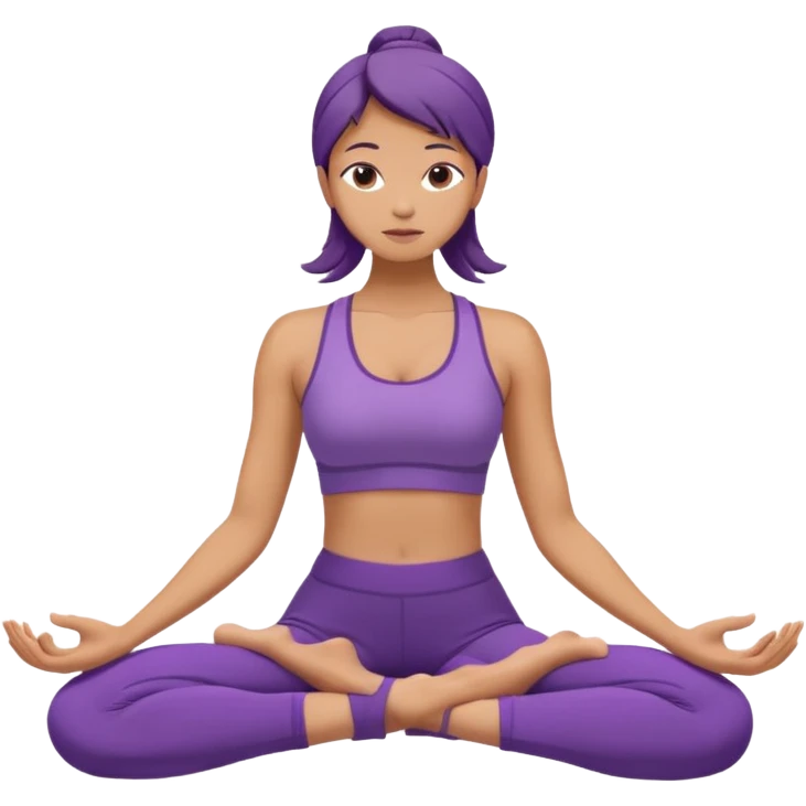 	A woman in purple yoga clothes sitting and bending forward to reach her toes, calm meditation vibe, simple white background. emoji