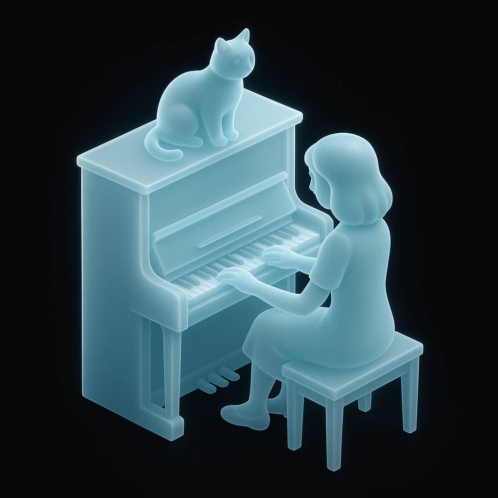 woman playing piano while her cat sits on top of the piano emoji