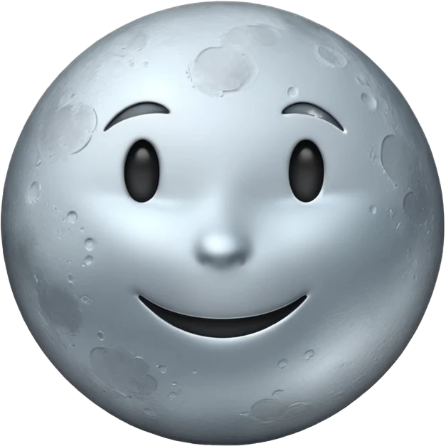 Polished silver moon emoji, chrome metallic texture, iOS emoji style, soft glow, smooth reflections, minimalistic design emoji