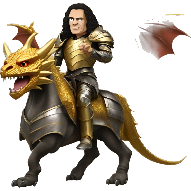 Old ronnie james dio with an armor riding a golden dragon emoji