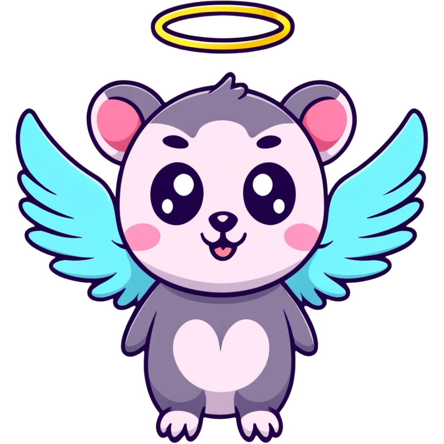 possum with angel wings, sparkles, glowing halo, vibrant neon colors, cute big eyes emoji