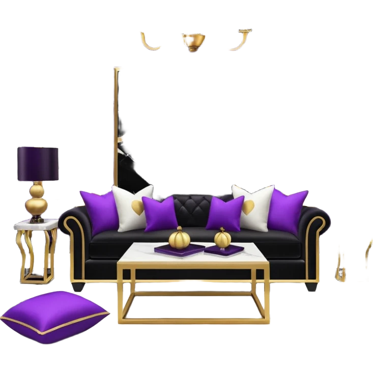 Luxurious black marble living room with gold and white accents and with a purple accented pillow  emoji