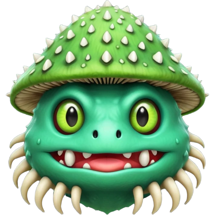 poisonous mushroom monster portrait, head and shoulders only, animal-like creature, mushroom cap head with spikes, toxic green glow, beast-like eyes, furry neck details, monstrous but cute fantasy vibe, 3D cartoon, mobile game icon style, clean background, no text, no watermark

 emoji