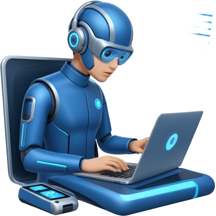 AI Agent looking at the laptop and scan a flow of content on the screen emoji