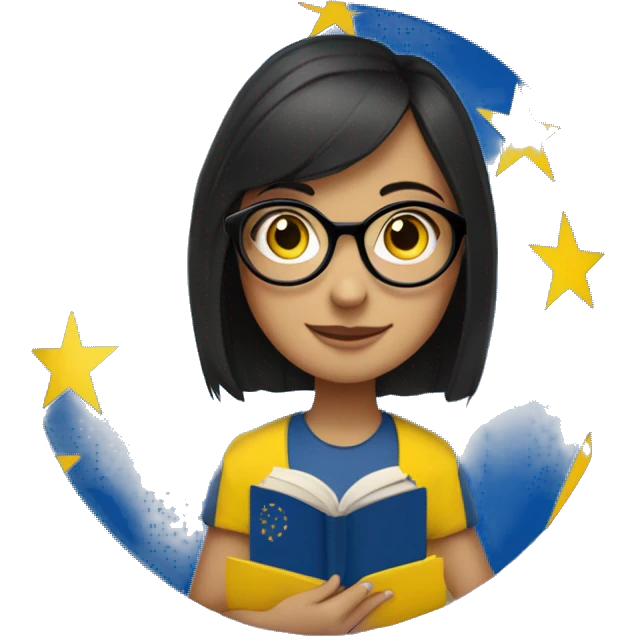 dark haired girl with glasses and a canary islands flag in one hand and a book in the other with the european stars circle in the background emoji