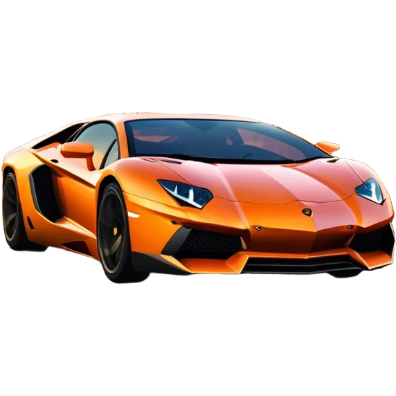 Lamborghini Aventador speeding down Sunset Avenue at dusk, headlights blazing. The sky glows in warm sunset hues, reflecting off the sleek car. Motion blur emphasizes speed, with palm trees and city lights in the background. Transparent background. emoji