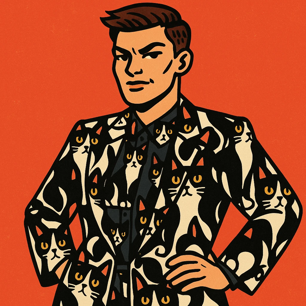 masculine woman with short brown hair and a tuxedo cat, style 4 emoji