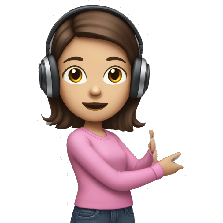 Brunette haired girl wearing pink cat headphones adn holding a smart tablet emoji