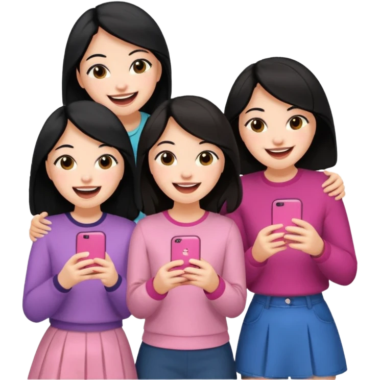 3 friends having fun, one with black hair, 2 with brown hair, girly style emoji
