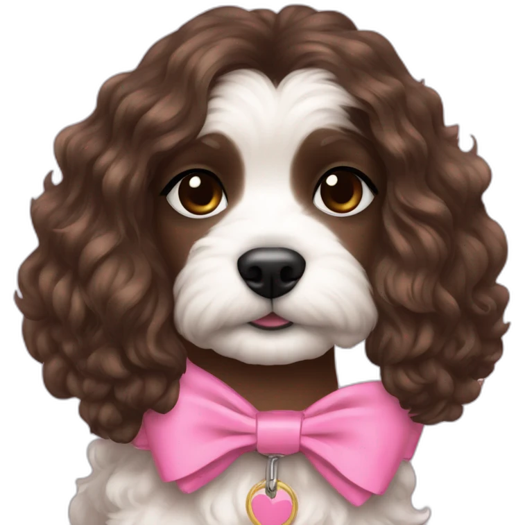 brunette Kendall Jenner with long hair holding white maltipoo in pink collar emoji
