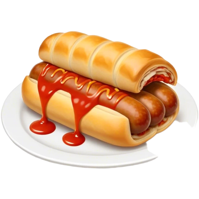 cinematic-realistic-sausage-roll-dish-emoji,-depicted-with-a-crisp,-golden-pastry-wrapped-around-flavorful-sausage,with tomatoe sauce on top emoji