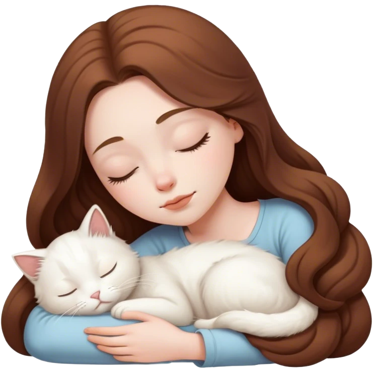 A pretty white girl with very long brown hair and sleeping curled up to a white cat  emoji