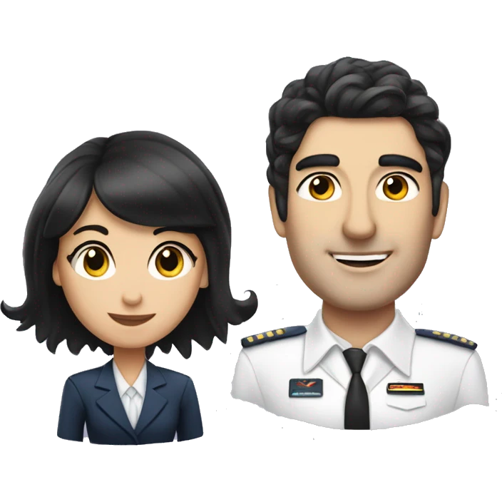 Flight attendant with long black hair and white skin with a pilot man with black hair emoji
