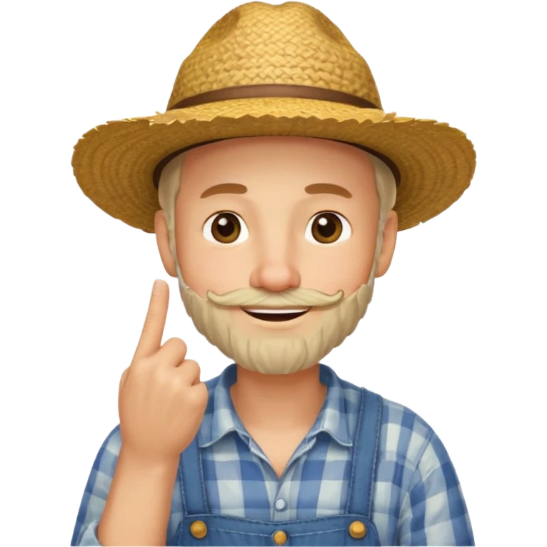 “A single emoji-style character combining 👨‍🌾😄 and 🤔: a smiling farmer man with a straw hat, friendly face, and light beard, holding one hand under his chin in a thinking gesture. His index finger rests under his face, eyes looking slightly upward as if thinking.  emoji