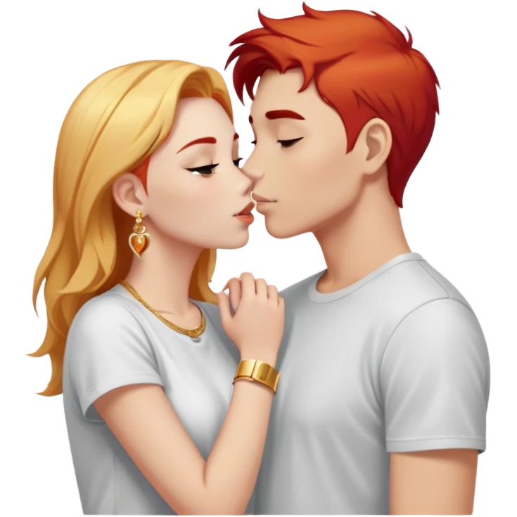 close-up of young 20 year old couple kissing, girl with red hair and blonde eyebrows wearing gold jewelry and light clothes, boy with white hair wearing dark t-shirt emoji