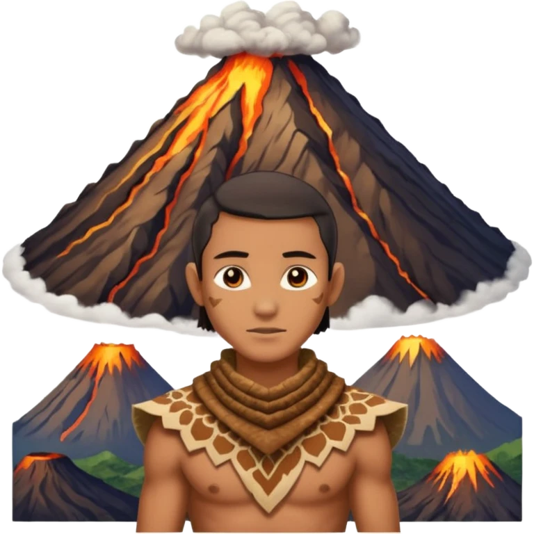 a avatar wearing ancient animal skin cloth with volcano behind, half body, icon emoji