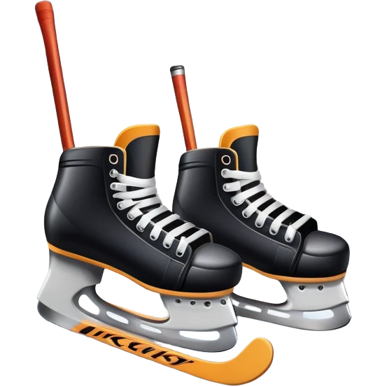 Please, make An icon featuring close-up shots of key hockey equipment: a hockey stick, puck, and skates. The background shows a packed stadium with cheering fans, bright arena lights, and an icy rink. Transparent background highlights the essentials of the game and the thrill of the sport. emoji