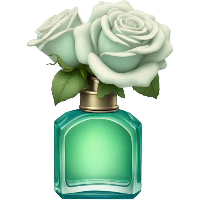 Aesthetic composition of soft blue roses with a vintage-style green  perfume bottle.
 emoji