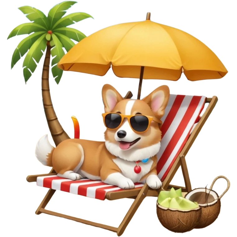 a corgi dog laied on a beach chair, a sunny beach, a sun umbrella, and beach coconut trees. the icon should capture the essence of a relaxing beach vacation with a carefree atmosphere emoji
