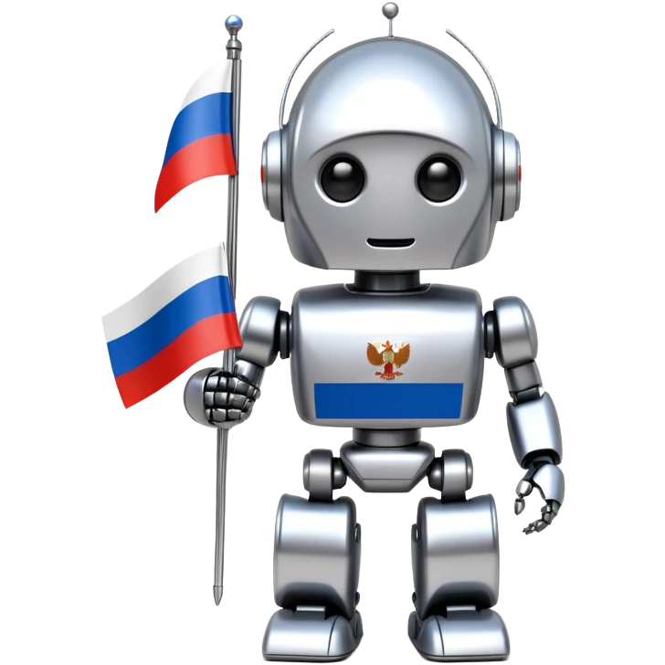 Futuristic Putin-like robot holding a small Russian flag emoji