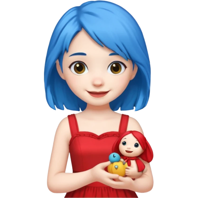 blue haired red wearing girl with small toy emoji