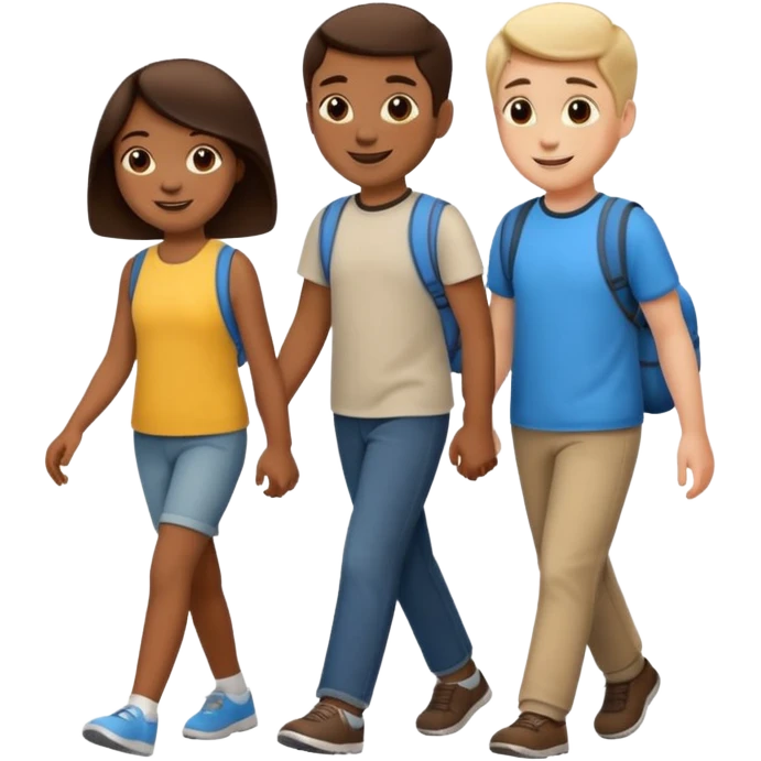 iOS emoji style. 2 friends and a child walking and talking.  emoji