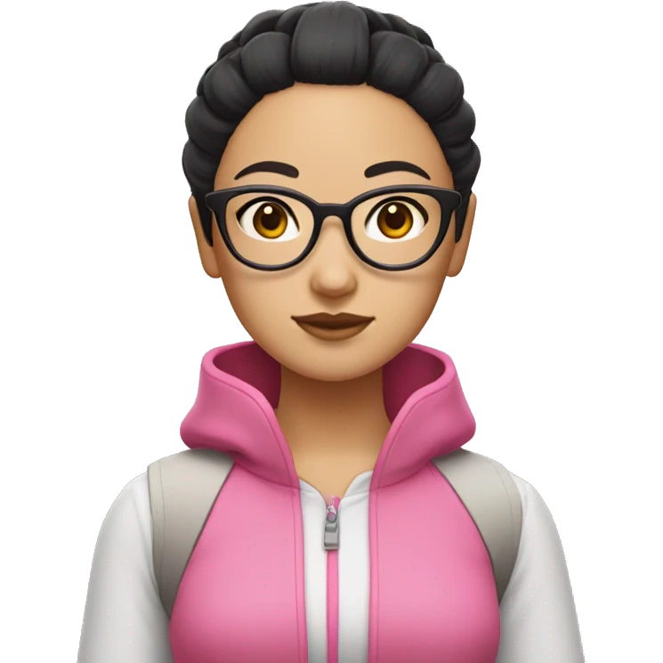 An Asian girl with black hair, wearing glasses, and dressed in a pink outfit. Her hair is styled in two buns on either side. emoji