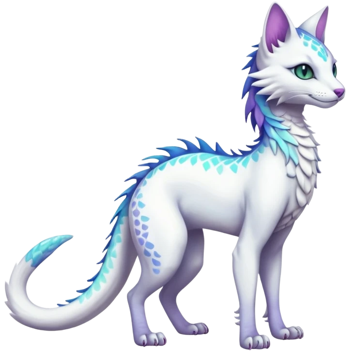 Kawaii white iridescent beautiful pretty elegant divine edgy fantasy feline-vernid-sergal-fursona animal creature with a tufted tail full body with intricate markings  emoji